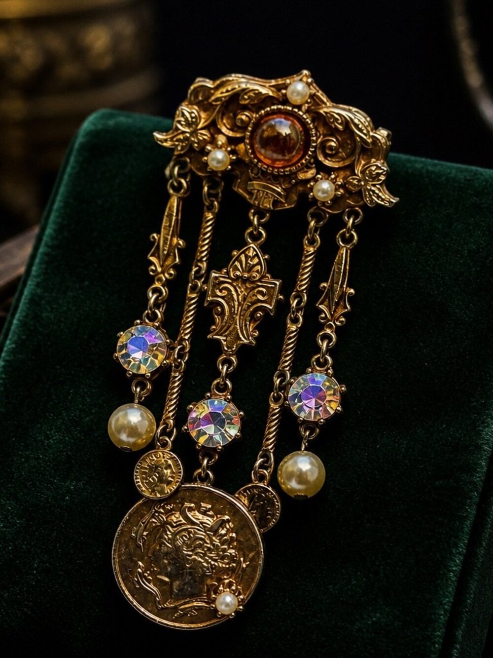 Vintage Gold Tone Brooch With Faux Pearls Rhinestones & Coin Motif Victorian Sty - Picture 8 of 9